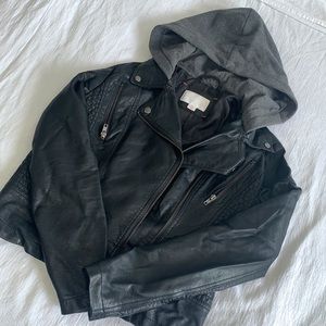 Leather jacket with hoodie